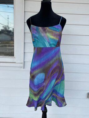 VTG Y2K Psychedelic Slip Dress Ruffle Midi Purple Green 90s S 7 Prom Fairy Boho